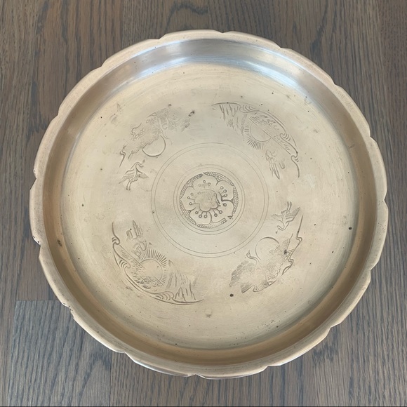 Vintage Footed Etched Brass Altar Dish Bowl Pedestal Asian Engraving - Picture 4 of 5
